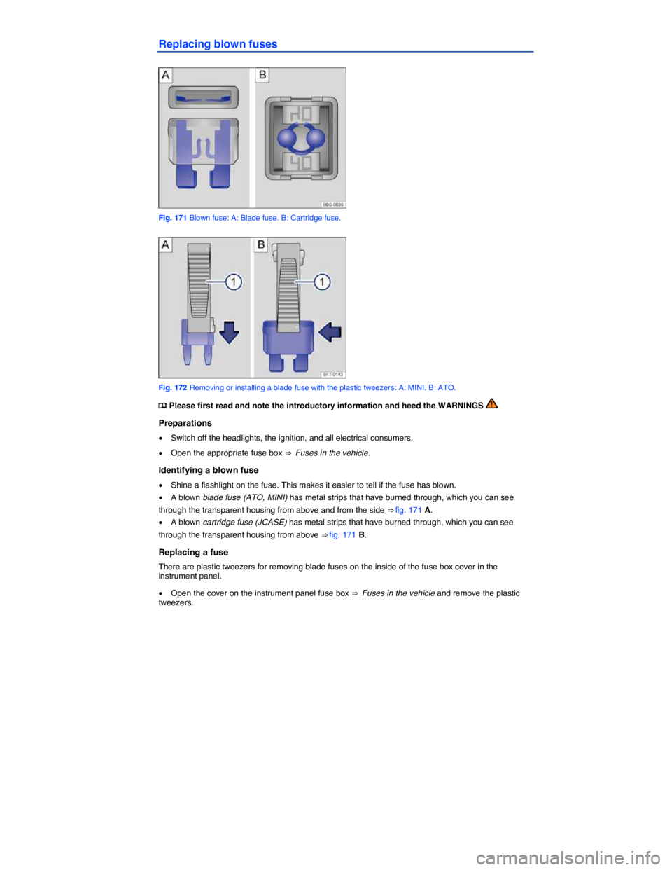 VOLKSWAGEN BEETLE 2019  Owners Manual  
Replacing blown fuses 
 
Fig. 171 Blown fuse: A: Blade fuse. B: Cartridge fuse. 
 
Fig. 172 Removing or installing a blade fuse with the plastic tweezers: A: MINI. B: ATO. 
�