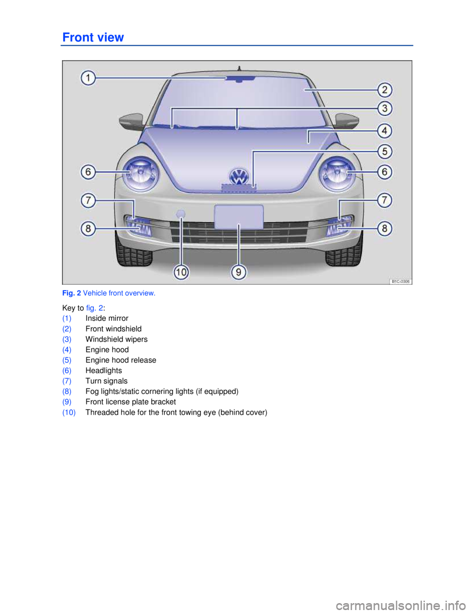 VOLKSWAGEN BEETLE 2012  Owners Manual  
Front view 
 
Fig. 2 Vehicle front overview. 
Key to fig. 2: 
(1) Inside mirror  
(2) Front windshield 
(3) Windshield wipers  
(4) Engine hood  
(5) Engine hood release  
(6) Headlights  
(7) Turn 