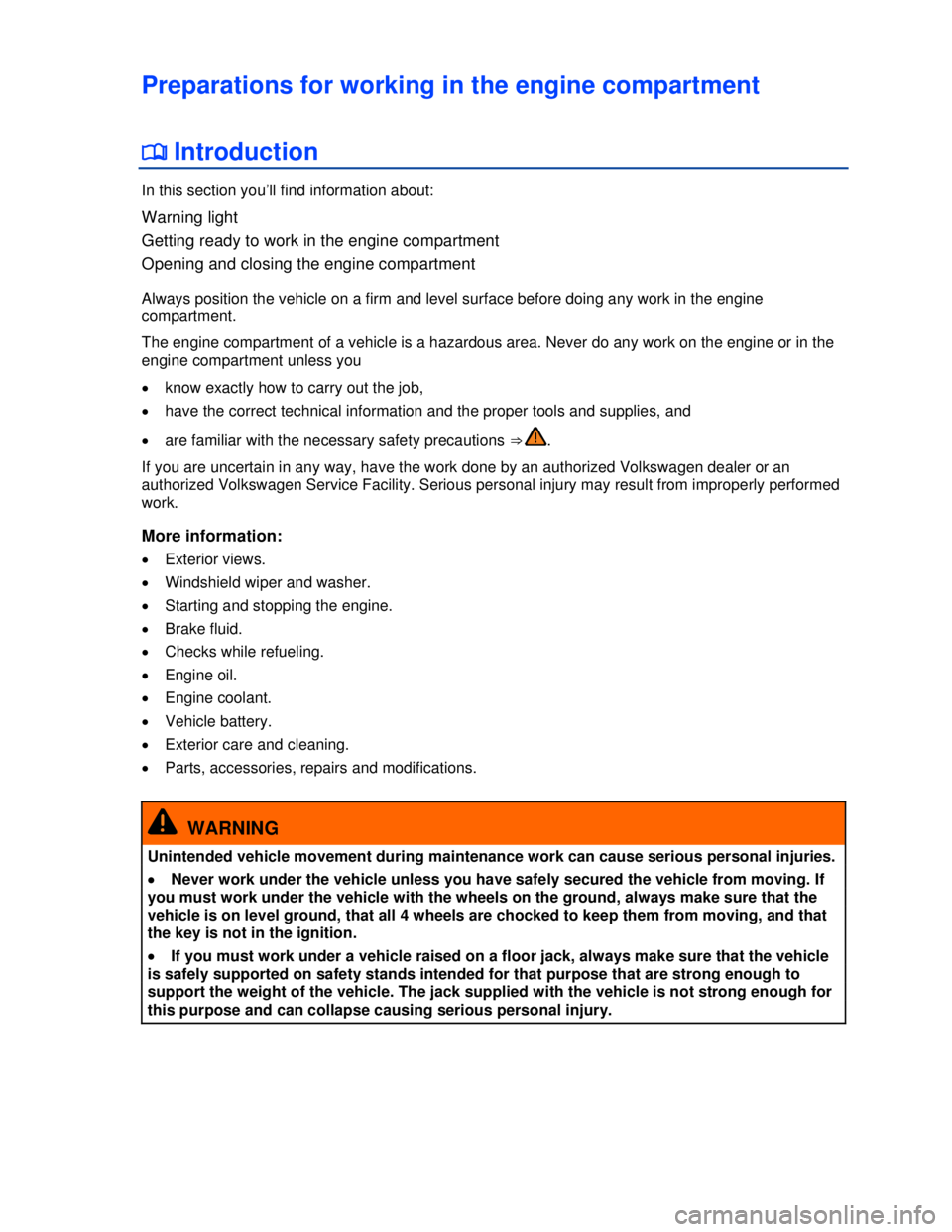 VOLKSWAGEN BEETLE 2012  Owners Manual  
Preparations for working in the engine compartment 
�