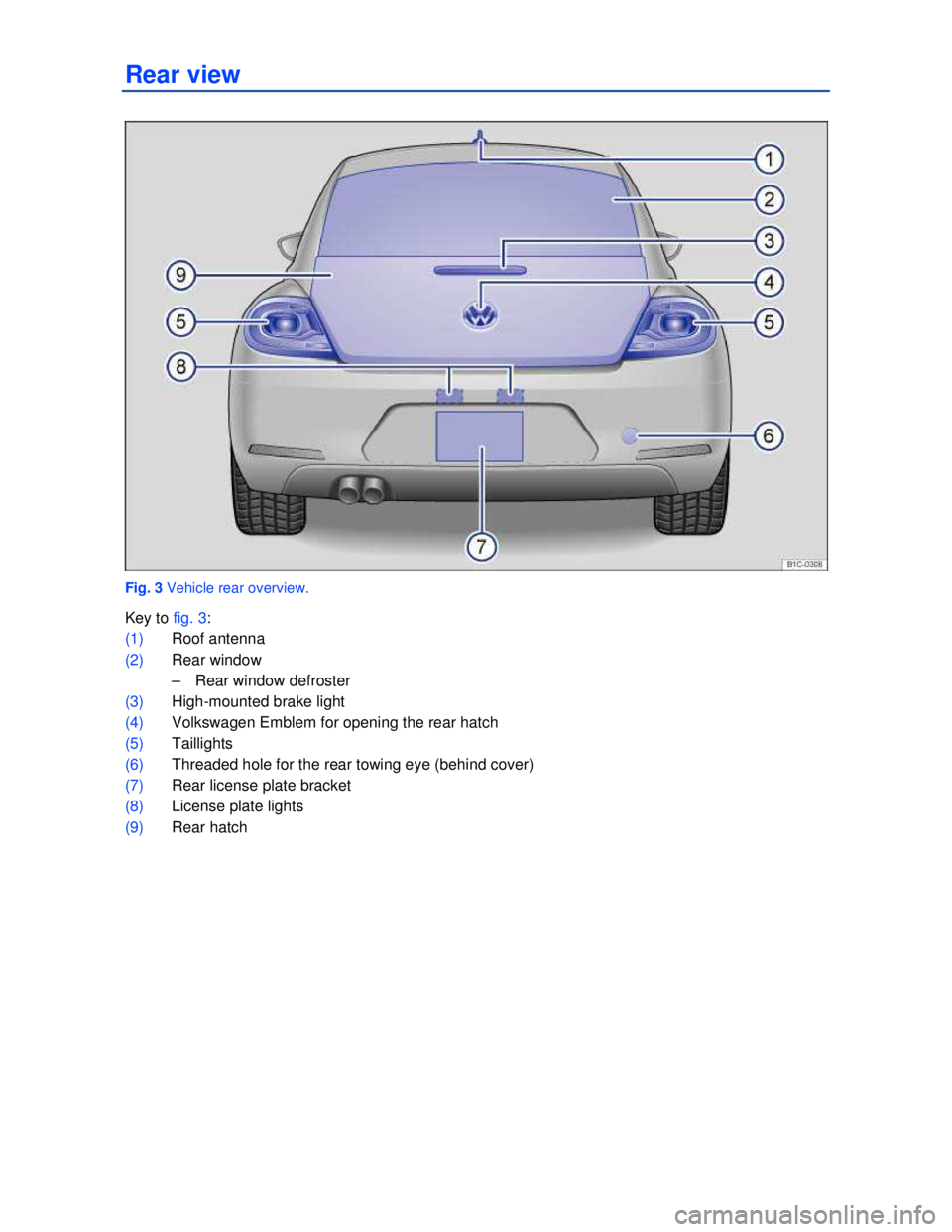 VOLKSWAGEN BEETLE 2012  Owners Manual  
Rear view 
 
Fig. 3 Vehicle rear overview. 
Key to fig. 3: 
(1) Roof antenna  
(2) Rear window 
–  Rear window defroster  
(3) High-mounted brake light 
(4) Volkswagen Emblem for opening the rear 