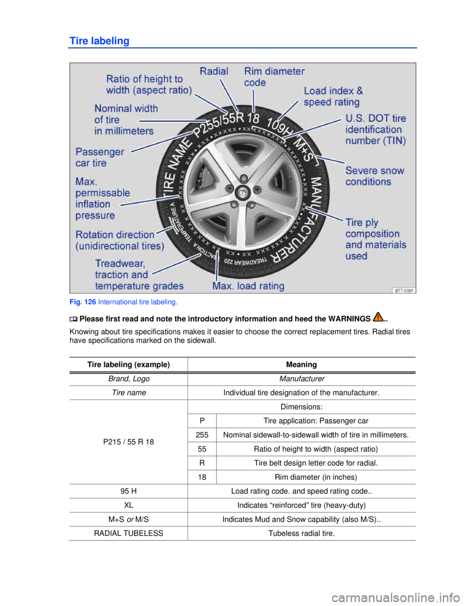 VOLKSWAGEN BEETLE 2012  Owners Manual  
Tire labeling 
 
Fig. 126 International tire labeling. 
�