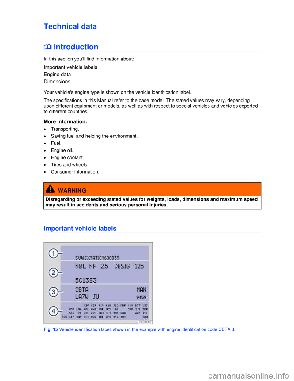 VOLKSWAGEN BEETLE 2012 Owners Manual  
Technical data 
�