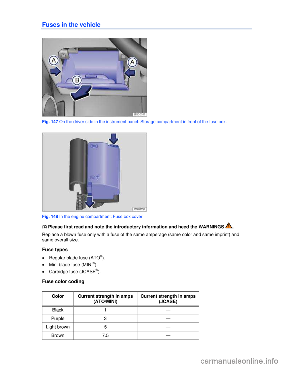 VOLKSWAGEN BEETLE 2012  Owners Manual  
Fuses in the vehicle 
 
Fig. 147 On the driver side in the instrument panel: Storage compartment in front of the fuse box. 
 
Fig. 148 In the engine compartment: Fuse box cover. 
�