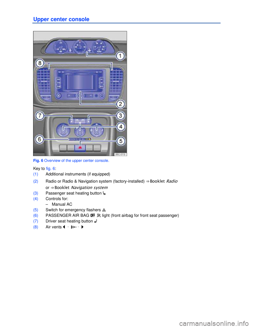 VOLKSWAGEN BEETLE 2012  Owners Manual  
Upper center console 
 
Fig. 6 Overview of the upper center console. 
Key to fig. 6: 
(1) Additional instruments (if equipped)  
(2) Radio or Radio & Navigation system (factory-installed) ⇒ Book