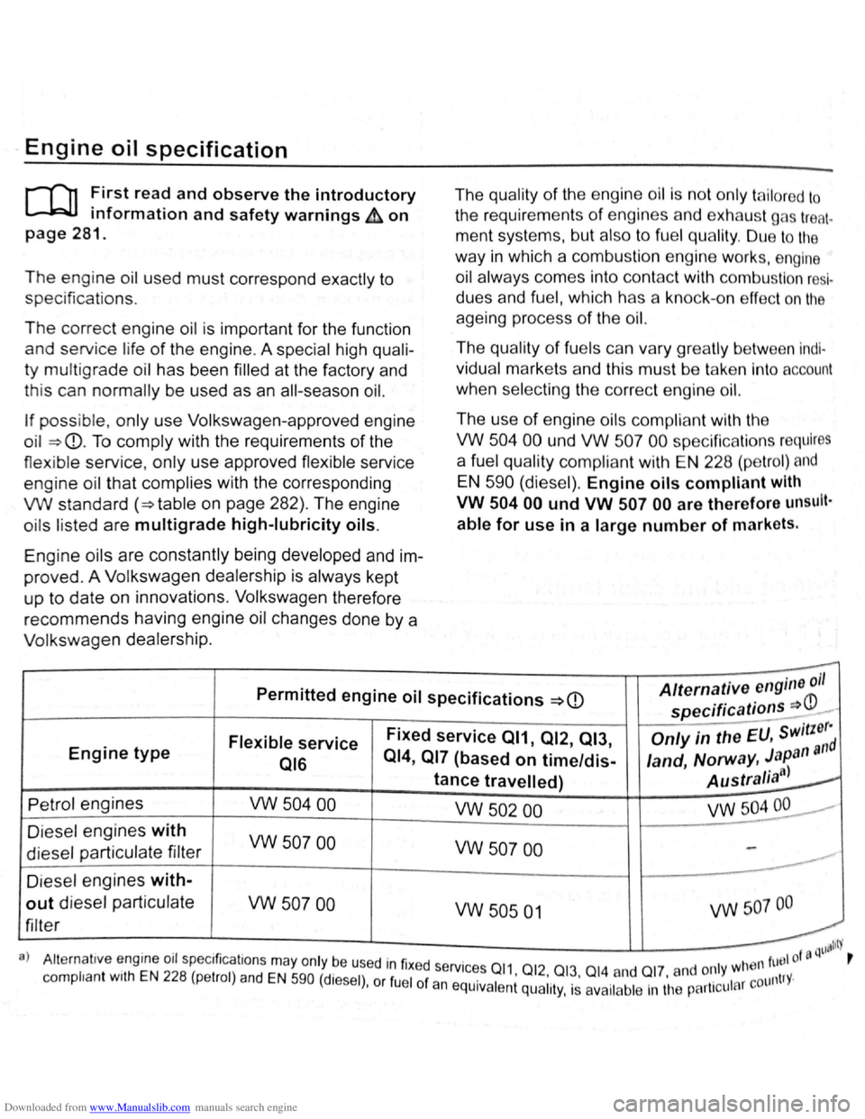 VOLKSWAGEN BEETLE 2010  Owners Manual Downloaded from www.Manualslib.com manuals search engine Engine oil specification 
r-Tn First read and observe the introductory 
L-WJ information and safety warnings~ on 
page 281. 
The  engine  oil 