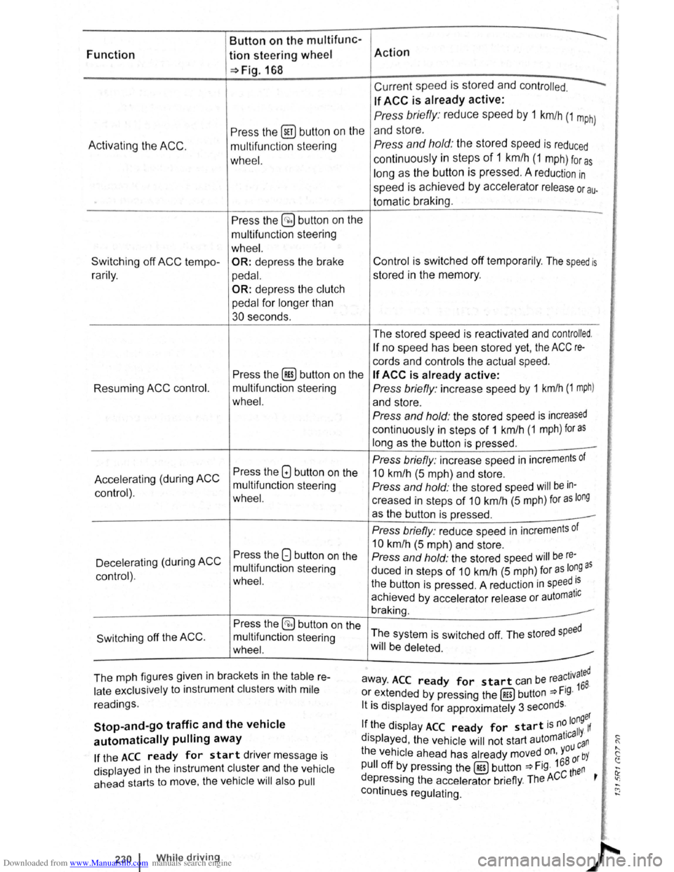 VOLKSWAGEN BEETLE 2008 Owners Manual Downloaded from www.Manualslib.com manuals search engine Button on the multifunc-
Function tion steering wheel Action 
~Fig.168 
Current speed is stored and contr olled. 
If ACC is already active: 
Pr