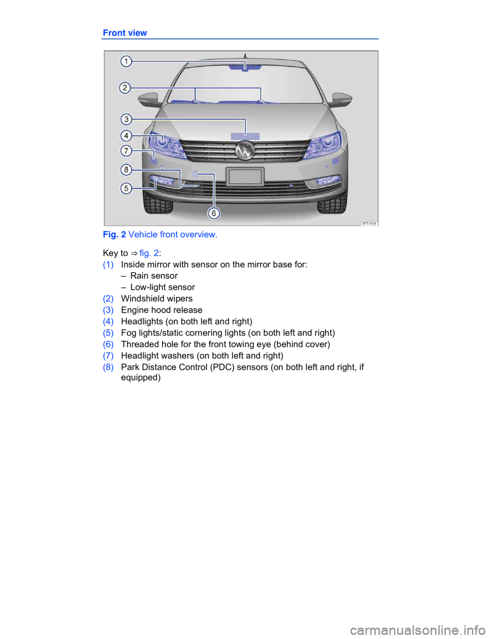 VOLKSWAGEN CC 2016  Owners Manual  
Front view 
 
Fig. 2 Vehicle front overview. 
Key to ⇒ fig. 2: 
(1) Inside mirror with sensor on the mirror base for: 
–  Rain sensor  
–  Low-light sensor  
(2) Windshield wipers  
(3) Engi