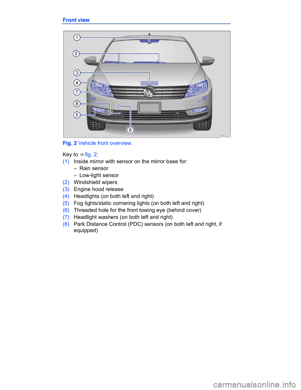 VOLKSWAGEN CC 2016  Owners Manual  
Front view 
 
Fig. 2 Vehicle front overview. 
Key to ⇒ fig. 2: 
(1) Inside mirror with sensor on the mirror base for: 
–  Rain sensor  
–  Low-light sensor  
(2) Windshield wipers  
(3) Engi