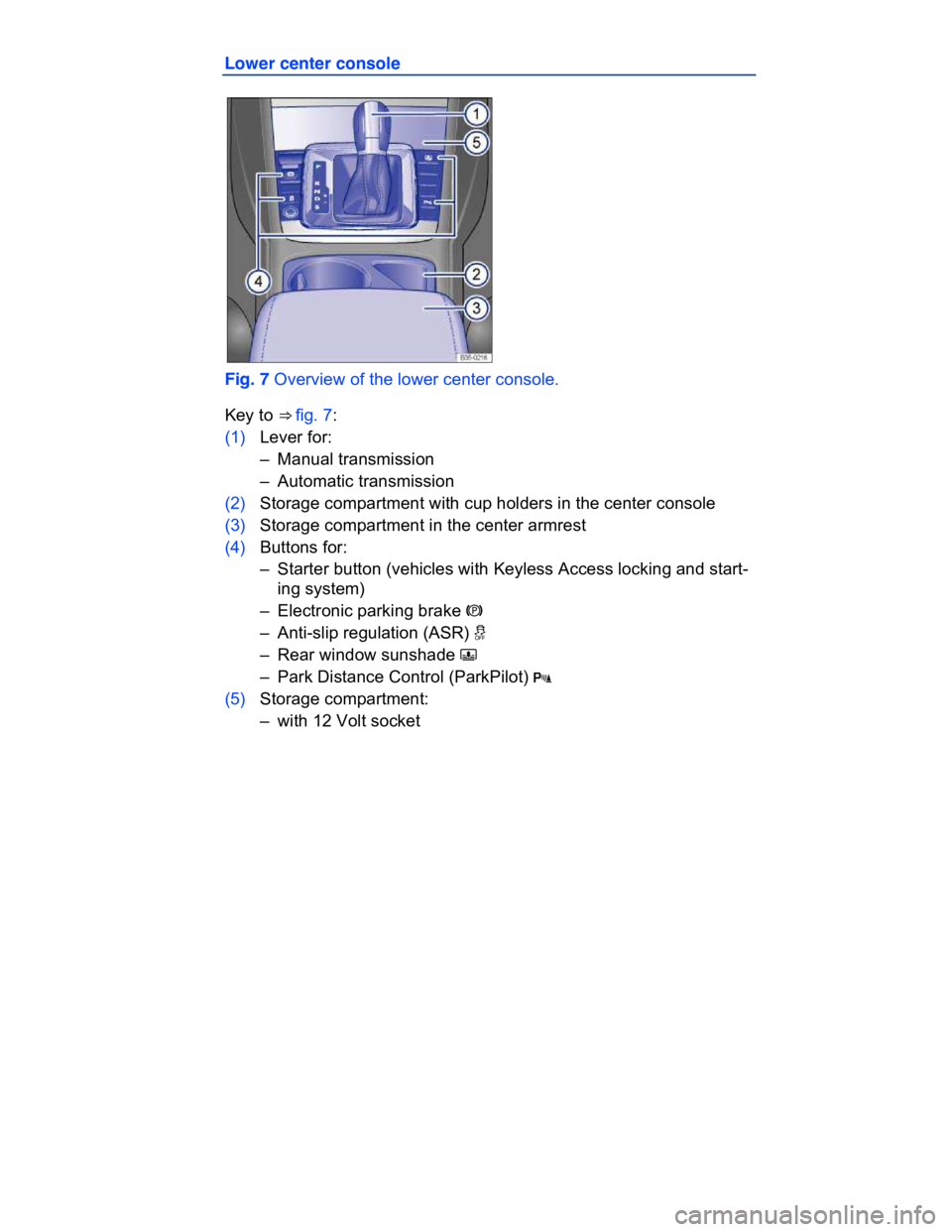 VOLKSWAGEN CC 2014  Owners Manual  
Lower center console 
 
Fig. 7 Overview of the lower center console. 
Key to ⇒ fig. 7: 
(1) Lever for: 
–  Manual transmission  
–  Automatic transmission  
(2) Storage compartment with cup 