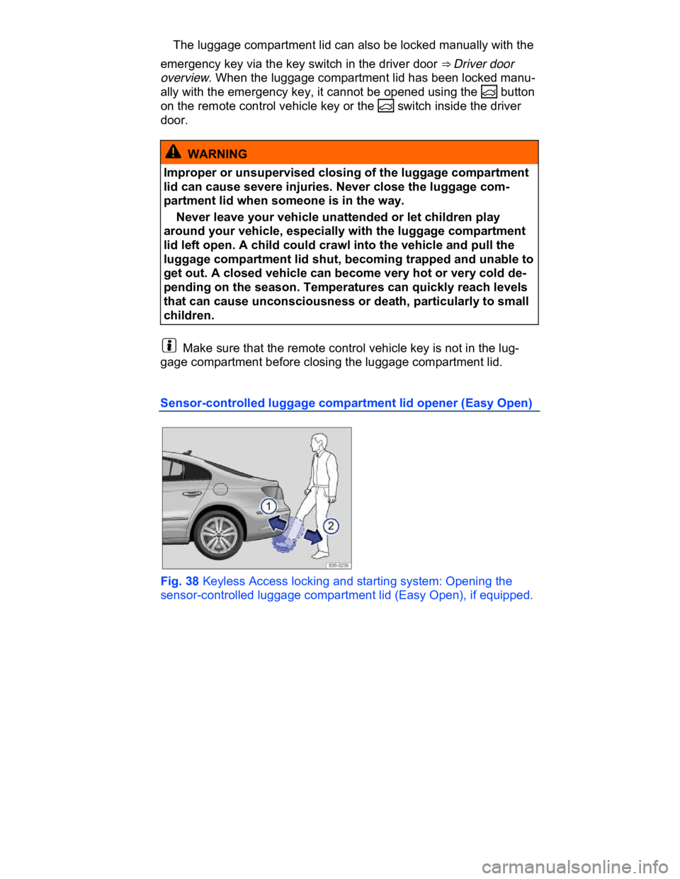 VOLKSWAGEN CC 2014  Owners Manual  
� The luggage compartment lid can also be locked manually with the 
emergency key via the key switch in the driver door ⇒ Driver door 
overview. When the luggage compartment lid has been locked 