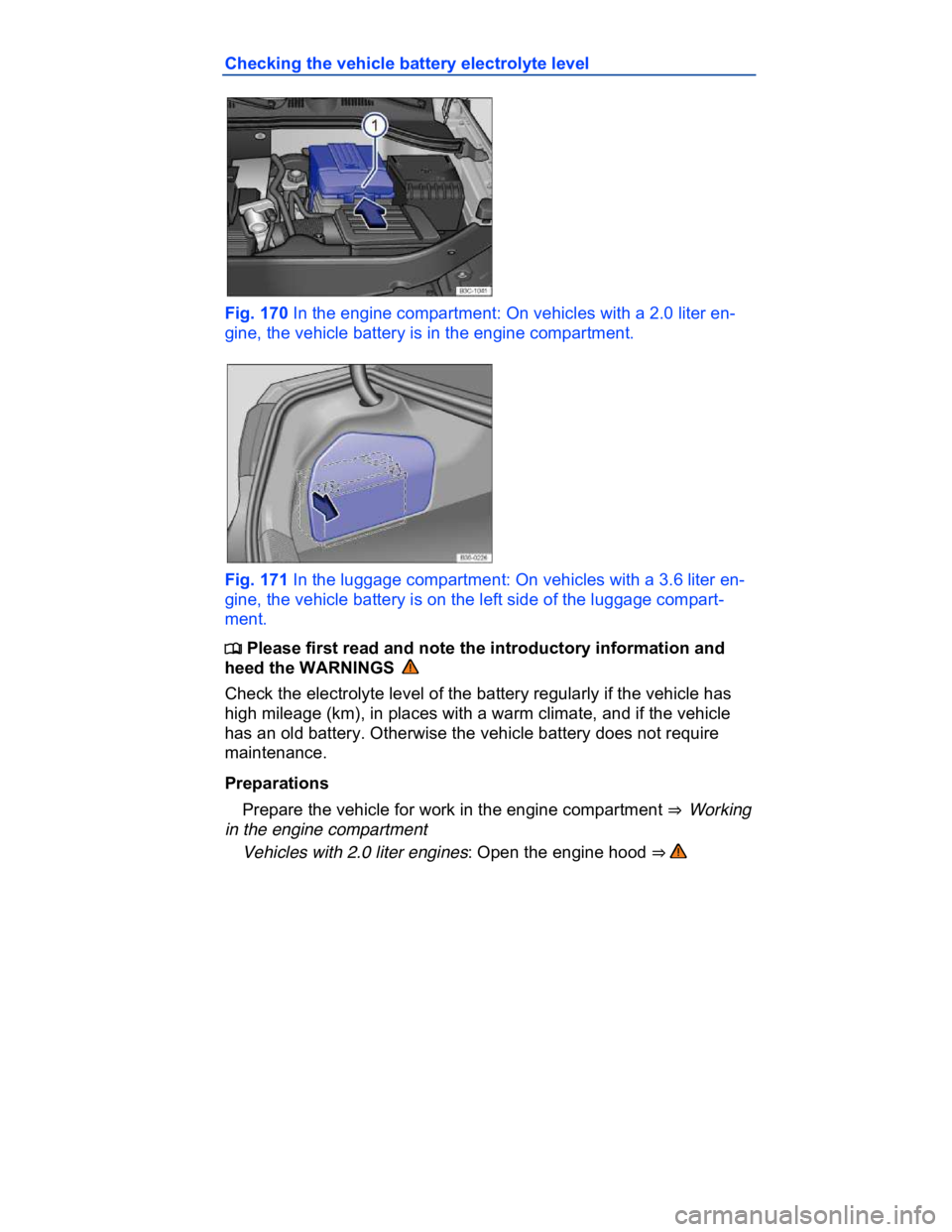 VOLKSWAGEN CC 2008  Owners Manual  
Checking the vehicle battery electrolyte level 
 
Fig. 170 In the engine compartment: On vehicles with a 2.0 liter en-
gine, the vehicle battery is in the engine compartment. 
 
Fig. 171 In the lugg