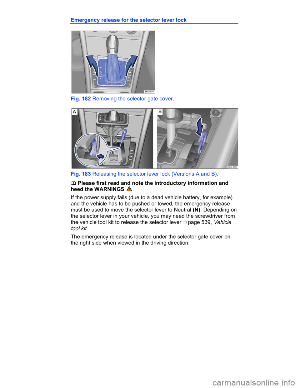 VOLKSWAGEN CC 2008  Owners Manual  
Emergency release for the selector lever lock 
 
Fig. 182 Removing the selector gate cover. 
 
Fig. 183 Releasing the selector lever lock (Versions A and B). 
�