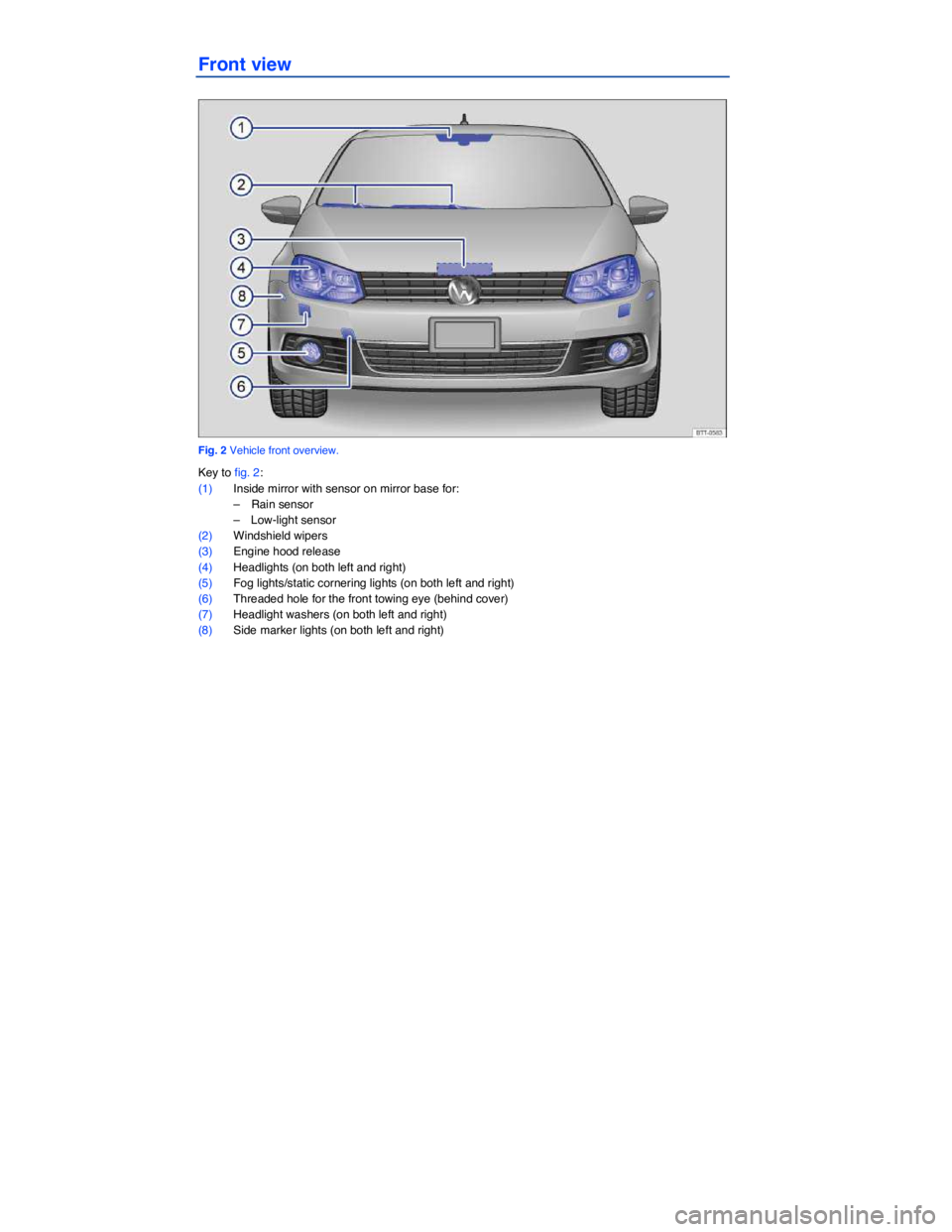 VOLKSWAGEN EOS 2012  Owners Manual  
 
Front view 
 
Fig. 2 Vehicle front overview. 
Key to fig. 2: 
(1) Inside mirror with sensor on mirror base for: 
–  Rain sensor  
–  Low-light sensor  
(2) Windshield wipers  
(3) Engine hood 