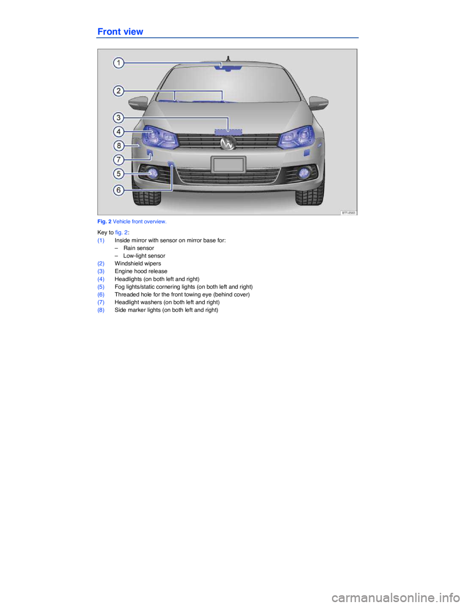 VOLKSWAGEN EOS 2012  Owners Manual  
 
Front view 
 
Fig. 2 Vehicle front overview. 
Key to fig. 2: 
(1) Inside mirror with sensor on mirror base for: 
–  Rain sensor  
–  Low-light sensor  
(2) Windshield wipers  
(3) Engine hood 