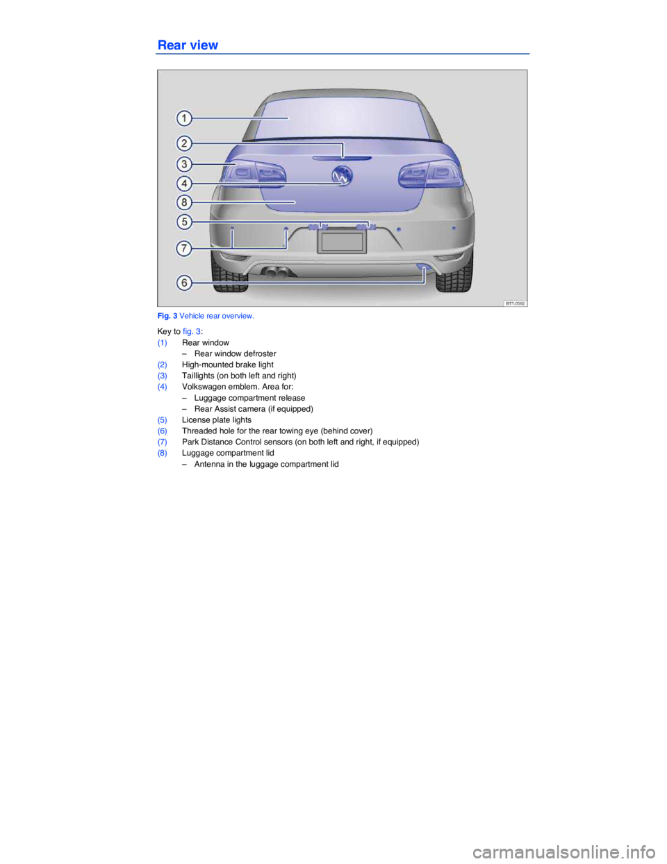 VOLKSWAGEN EOS 2012  Owners Manual  
 
Rear view 
 
Fig. 3 Vehicle rear overview. 
Key to fig. 3: 
(1) Rear window 
–  Rear window defroster  
(2) High-mounted brake light 
(3) Taillights (on both left and right)  
(4) Volkswagen emb
