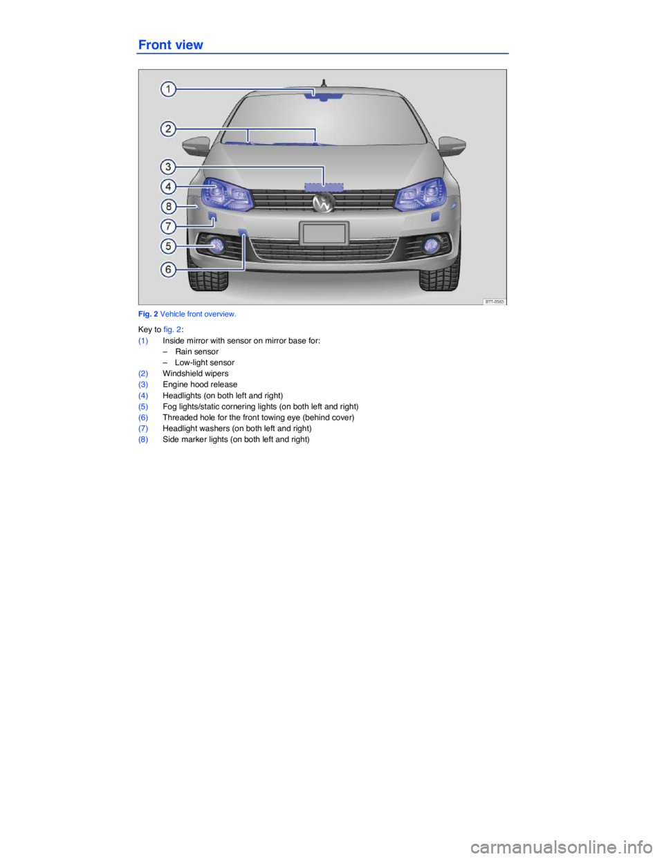 VOLKSWAGEN EOS 2011  Owners Manual  
 
Front view 
 
Fig. 2 Vehicle front overview. 
Key to fig. 2: 
(1) Inside mirror with sensor on mirror base for: 
–  Rain sensor  
–  Low-light sensor  
(2) Windshield wipers  
(3) Engine hood 
