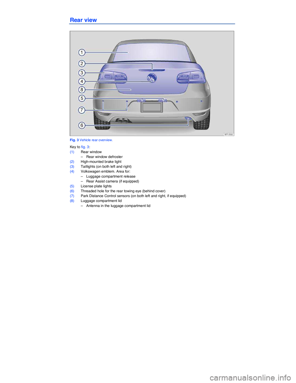 VOLKSWAGEN EOS 2011  Owners Manual  
 
Rear view 
 
Fig. 3 Vehicle rear overview. 
Key to fig. 3: 
(1) Rear window 
–  Rear window defroster  
(2) High-mounted brake light 
(3) Taillights (on both left and right)  
(4) Volkswagen emb