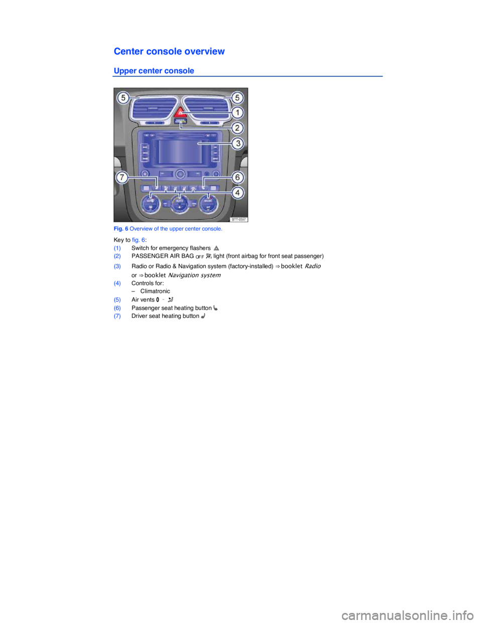 VOLKSWAGEN EOS 2011  Owners Manual  
Center console overview 
Upper center console 
 
Fig. 6 Overview of the upper center console. 
Key to fig. 6: 
(1) Switch for emergency flashers � 
(2) PASSENGER AIR BAG OF F � light (front airbag