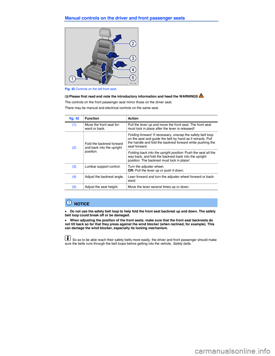 VOLKSWAGEN EOS 2011 Manual PDF  
Manual controls on the driver and front passenger seats 
 
Fig. 42 Controls on the left front seat. 
�