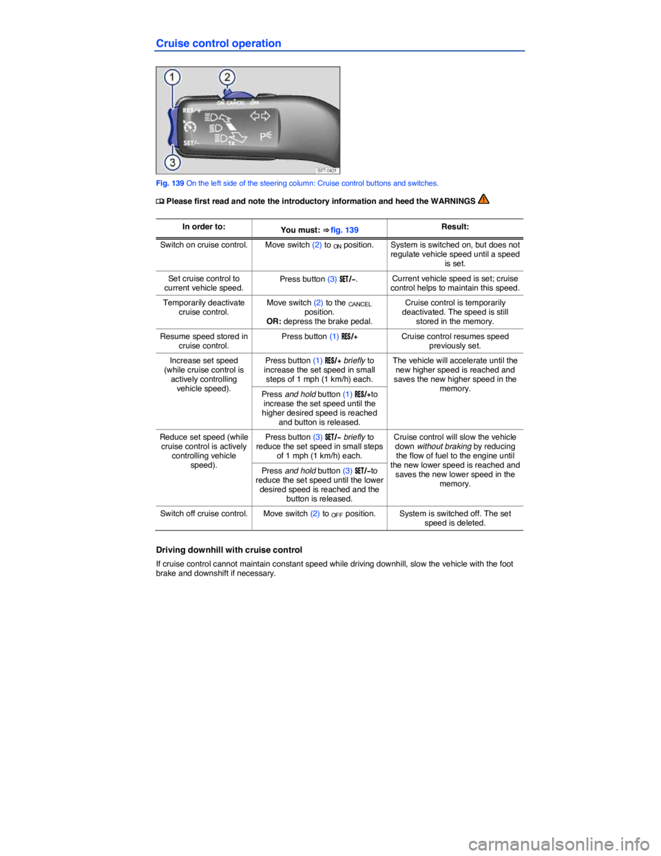 VOLKSWAGEN EOS 2008  Owners Manual  
Cruise control operation 
 
Fig. 139 On the left side of the steering column: Cruise control buttons and switches. 
�