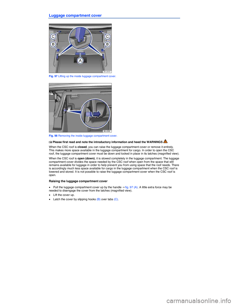 VOLKSWAGEN EOS 2007  Owners Manual  
Luggage compartment cover 
 
Fig. 97 Lifting up the inside luggage compartment cover. 
 
Fig. 98 Removing the inside luggage compartment cover. 
�