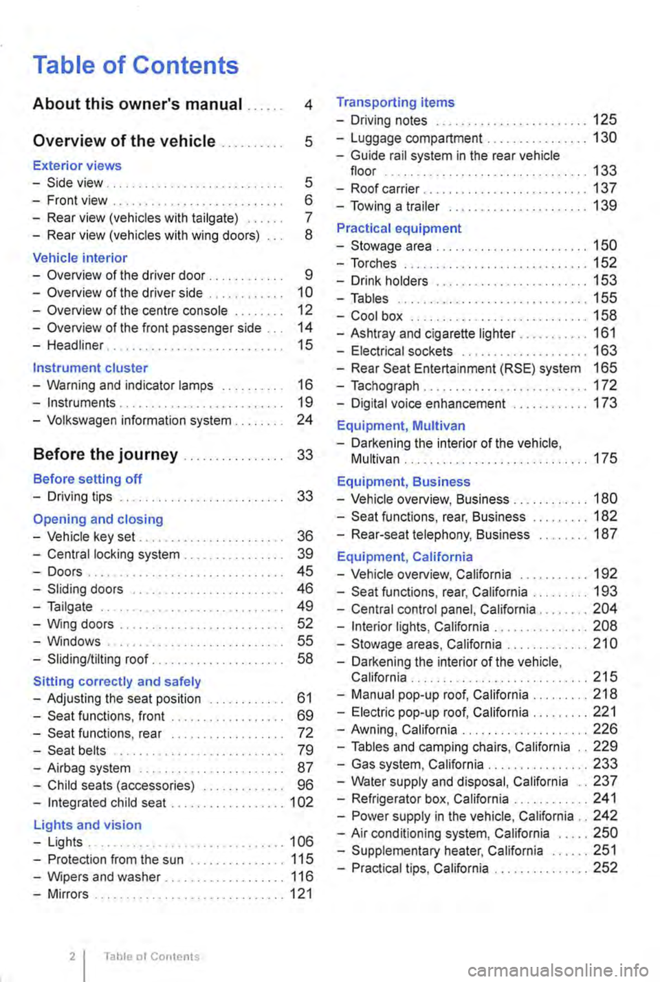 VOLKSWAGEN TRANSPORTER 2021  Owners Manual Table of Contents 
About this owners manual . . . . . . 4 
Overview of the vehicle . . . . . . . . . . 5 
Exterior views 
-Side view . . . . . . . . . . . . . . . . . . . . . . . . . . . . 5 
-Front 