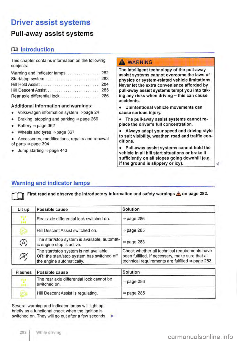 VOLKSWAGEN TRANSPORTER 2021  Owners Manual Driver assist systems 
Pull-away assist systems 
cr:n Introduction 
This chapter contains information on the following subjects: 
Warning and indicator lamps . . . . . . . . . . . . . . 282 
Start/sto