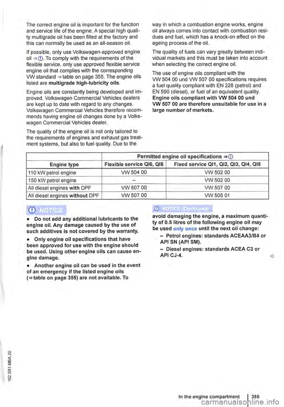 VOLKSWAGEN TRANSPORTER 2021 Owners Manual The correct engine oil is important for the function and service life of the engine. A special high quali-ty multigrade oil has been filled at the factory and this can normally be used as an all-seaso VOLKSWAGEN TRANSPORTER 2021 Owners Manual The correct engine oil is important for the function and service life of the engine. A special high quali-ty multigrade oil has been filled at the factory and this can normally be used as an all-seaso