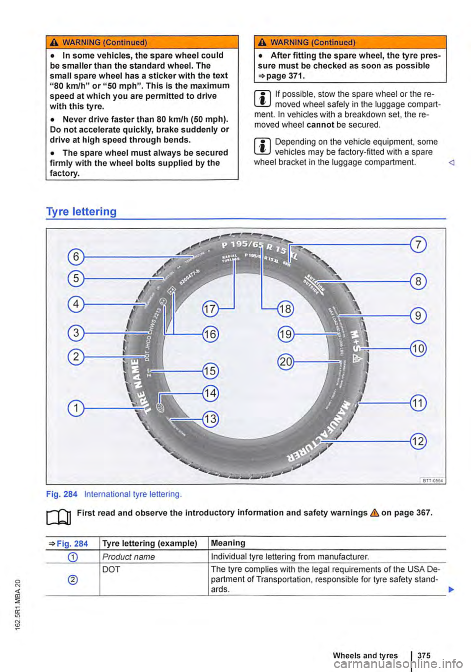 VOLKSWAGEN TRANSPORTER 2021  Owners Manual A WARNING (Continued) 
• In some vehicles, the spare wheel could be smaller than the standard wheel. The small spare wheel has a sticker with the text "80 km/h" or "50 mph". This is the maximum spee