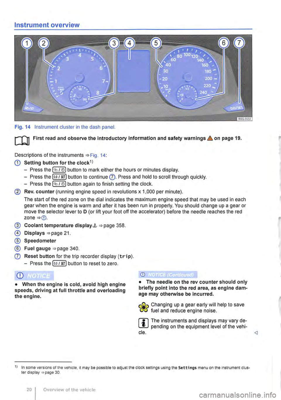 VOLKSWAGEN TRANSPORTER 2020  Owners Manual Instrument overview 
Fig. 14 Instrument cluster in the dash panel. 
m First read and observe the Introductory Information and safety warnings & on page 19. 
Descriptions of the instruments 14: 
G) Set