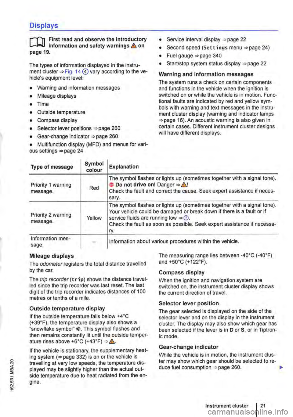 VOLKSWAGEN TRANSPORTER 2020  Owners Manual Displays 
r-Tn First read and observe the introductory L-J,:.,U information and safety warnings & on page 19. 
The types of information displayed in the instru-ment cluster=:. Fig. 14@ vary according