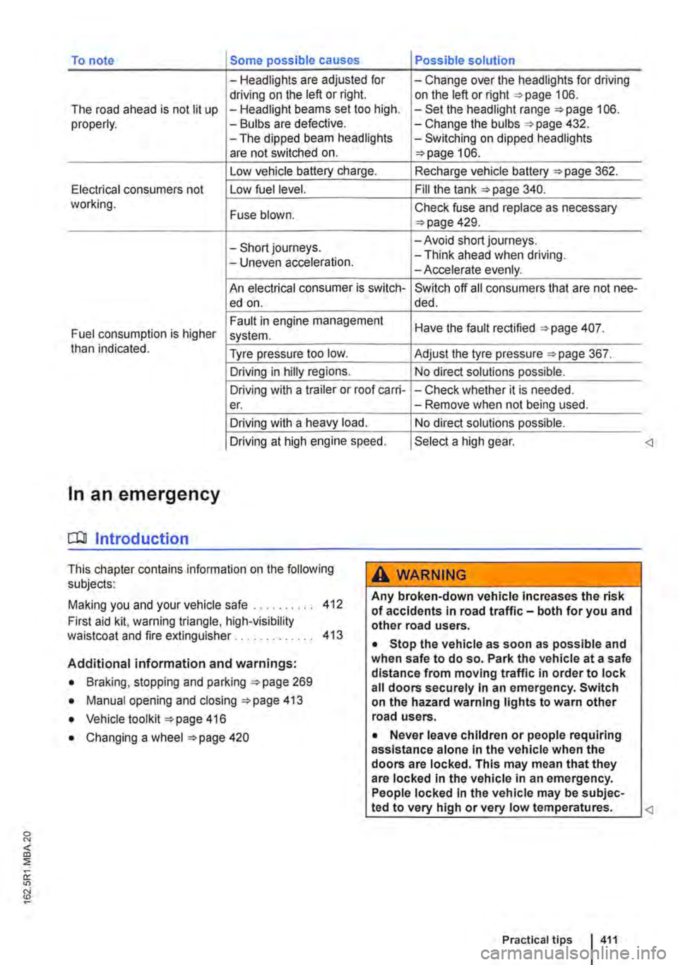 VOLKSWAGEN TRANSPORTER 2020  Owners Manual To note Some possible causes Possible solution 
-Headlights are adjusted for -Change over the headlights for driving driving on the left or right. on the left or right 106. The road ahead is not lit u