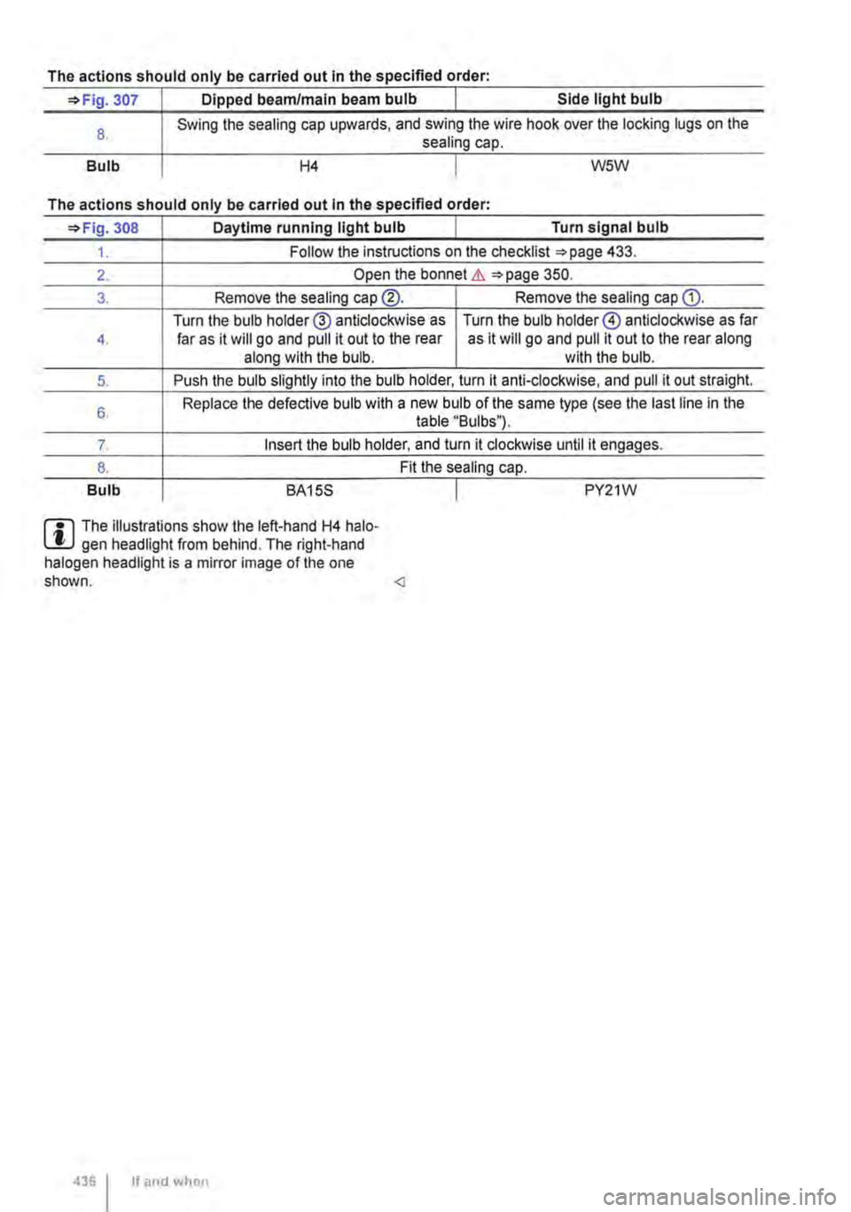 VOLKSWAGEN TRANSPORTER 2020  Owners Manual The actions should only be carried out in the specified order: 
=>Fig. 307 Dipped beam/main beam bulb Side light bulb 
8. 
Bulb 
Swing the sealing cap upwards, and swing the wire hook over the locking