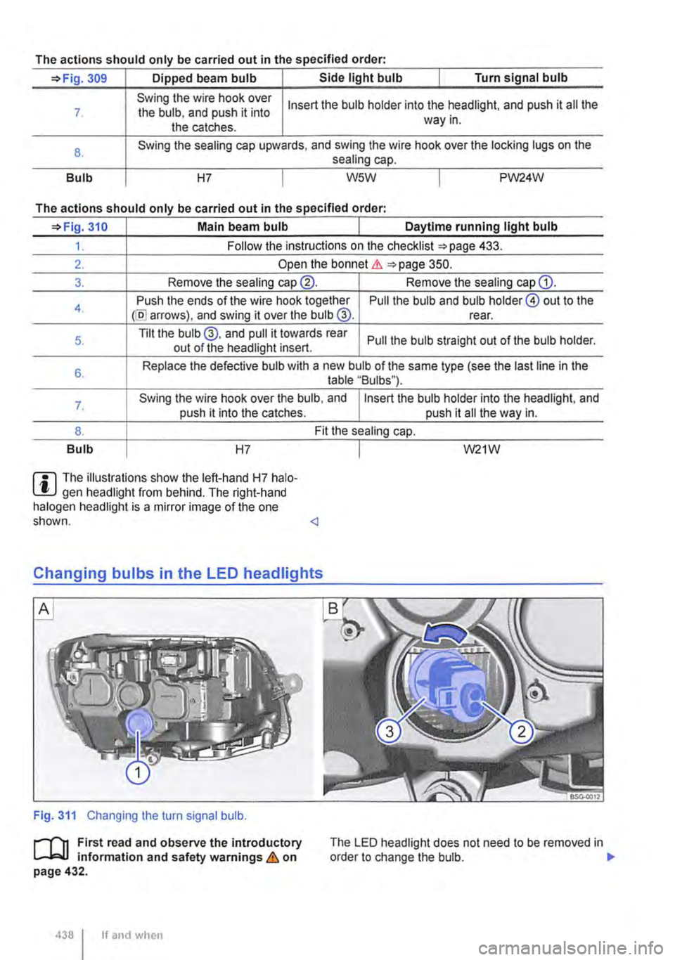 VOLKSWAGEN TRANSPORTER 2020  Owners Manual The actions should only be carried out in the specified order: 
=>Fig. 309 Dipped  beam bulb Side light bulb I Turn signal bulb 
7 
8. 
Bulb 
Swing the wire hook over the bulb, and push it into the ca