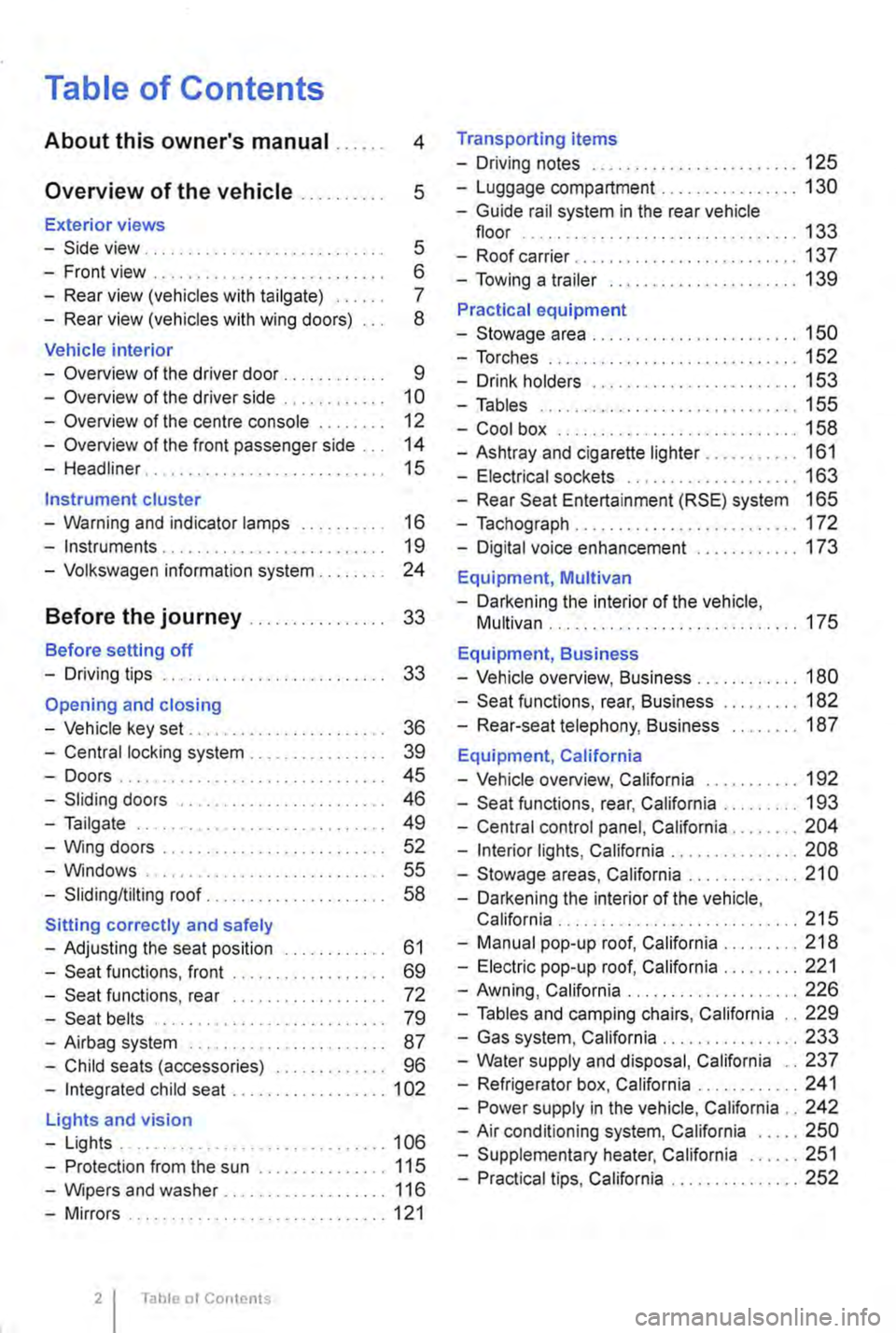 VOLKSWAGEN TRANSPORTER 2018 Owners Manual Table of Contents
About this owners manual . . . . . . 4
Overview of the vehicle . . . . . . . . . . 5
Exterior views
-Side view . . . . . . . . . . . . . . . . . . . . . . . . . . . . 5
-Front VOLKSWAGEN TRANSPORTER 2018 Owners Manual Table of Contents
About this owners manual . . . . . . 4
Overview of the vehicle . . . . . . . . . . 5
Exterior views
-Side view . . . . . . . . . . . . . . . . . . . . . . . . . . . . 5
-Front