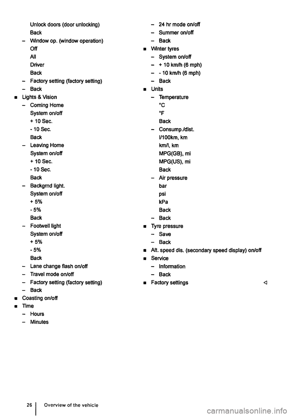 VOLKSWAGEN TRANSPORTER 2018 Owners Manual Unlock doors (door unlocking) 
Back 
-Window op. (window operation) 
Off 
All 
Driver 
Back 
-Factory setting (factory setting) 
-Back 
• Lights & Vision 
-Coming Home 
System on/off 
+ 10 Sec. 
-10