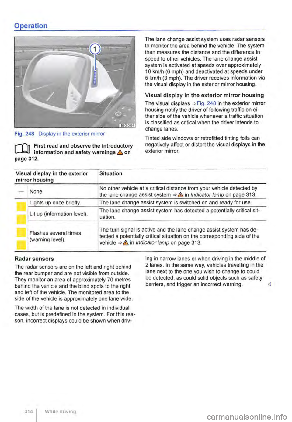 VOLKSWAGEN TRANSPORTER 2018  Owners Manual Operation 
Fig. 248 Display in the exterior mirror 
r-f"n First read and observe the introductory L-W! information and safety warnings & on page 312. 
Visual display in the exterior Situation mirror h