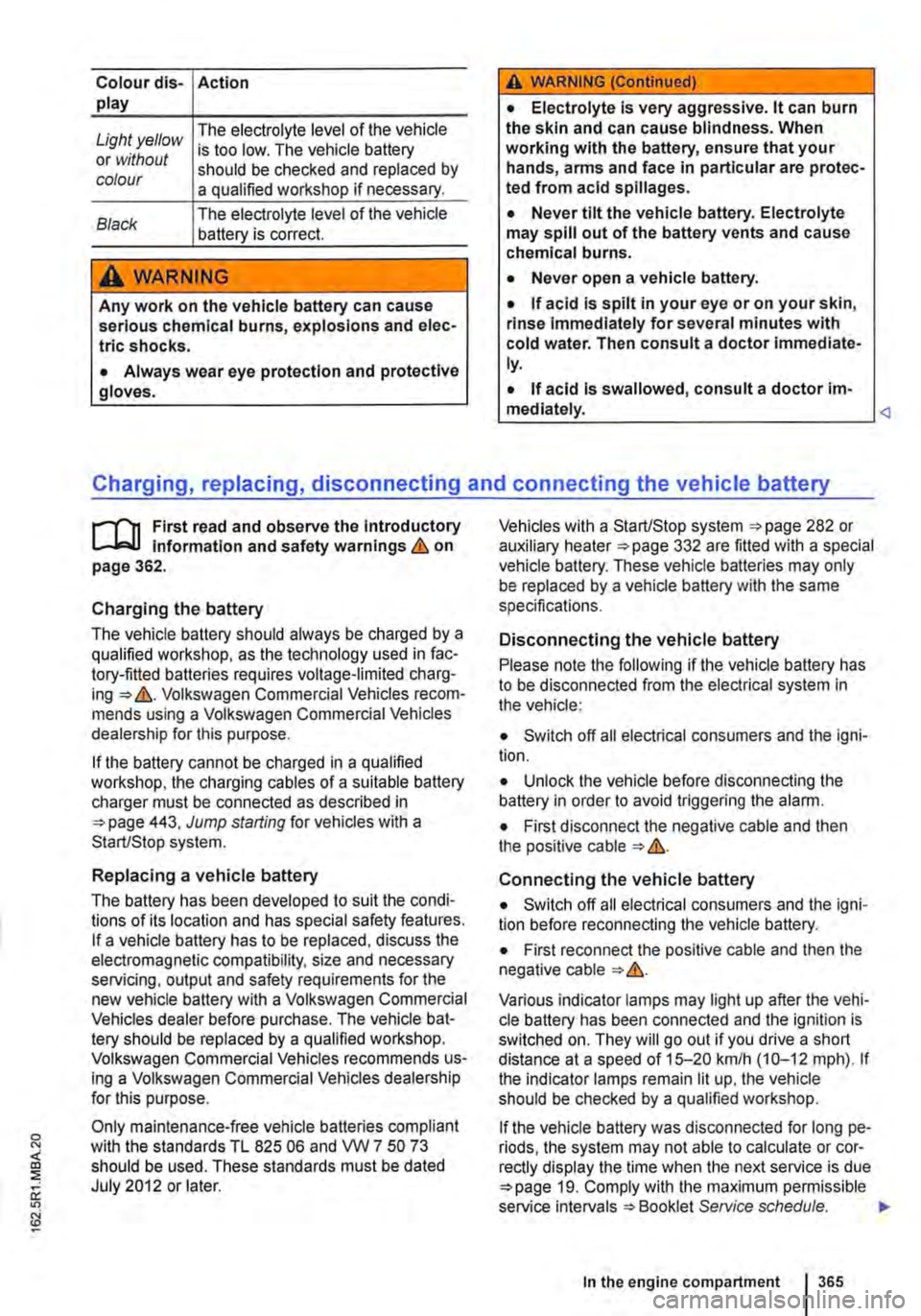 VOLKSWAGEN TRANSPORTER 2018 Owners Manual Colour dis-Action play
Light yellow The electrolyte level of the vehicle
or without is too low. The vehicle battery
colour should be checked and replaced by a qualified workshop if necessary.
Blac VOLKSWAGEN TRANSPORTER 2018 Owners Manual Colour dis-Action play
Light yellow The electrolyte level of the vehicle
or without is too low. The vehicle battery
colour should be checked and replaced by a qualified workshop if necessary.
Blac