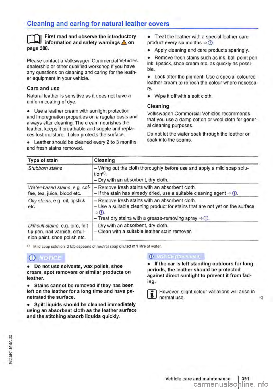 VOLKSWAGEN TRANSPORTER 2018  Owners Manual Cleaning and caring for natural leather covers 
r-f"n First read and observe the introductory L-.I.::.U information and safety warnings & on page 388. 
Please contact a Volkswagen Commercial Vehicles