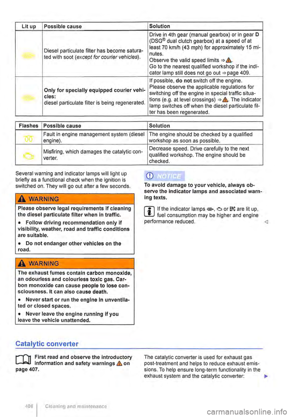 VOLKSWAGEN TRANSPORTER 2018  Owners Manual Lit up Possible cause Solution 
Drive in 4th gear (manual gearbox) or in gear D (DSG® dual clutch gearbox) at a speed of at 
Diesel particulate filter has become satura-least 70 km/h (43 mph) for app