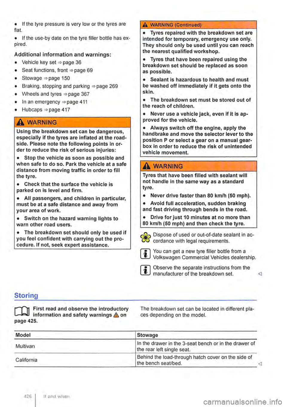 VOLKSWAGEN TRANSPORTER 2018  Owners Manual • If the tyre pressure is very low or the tyres are flat. 
• If the use-by date on the tyre filler bottle has ex-pired. 
Additional information and warnings: 
• Vehicle key set 36 
• Seat func