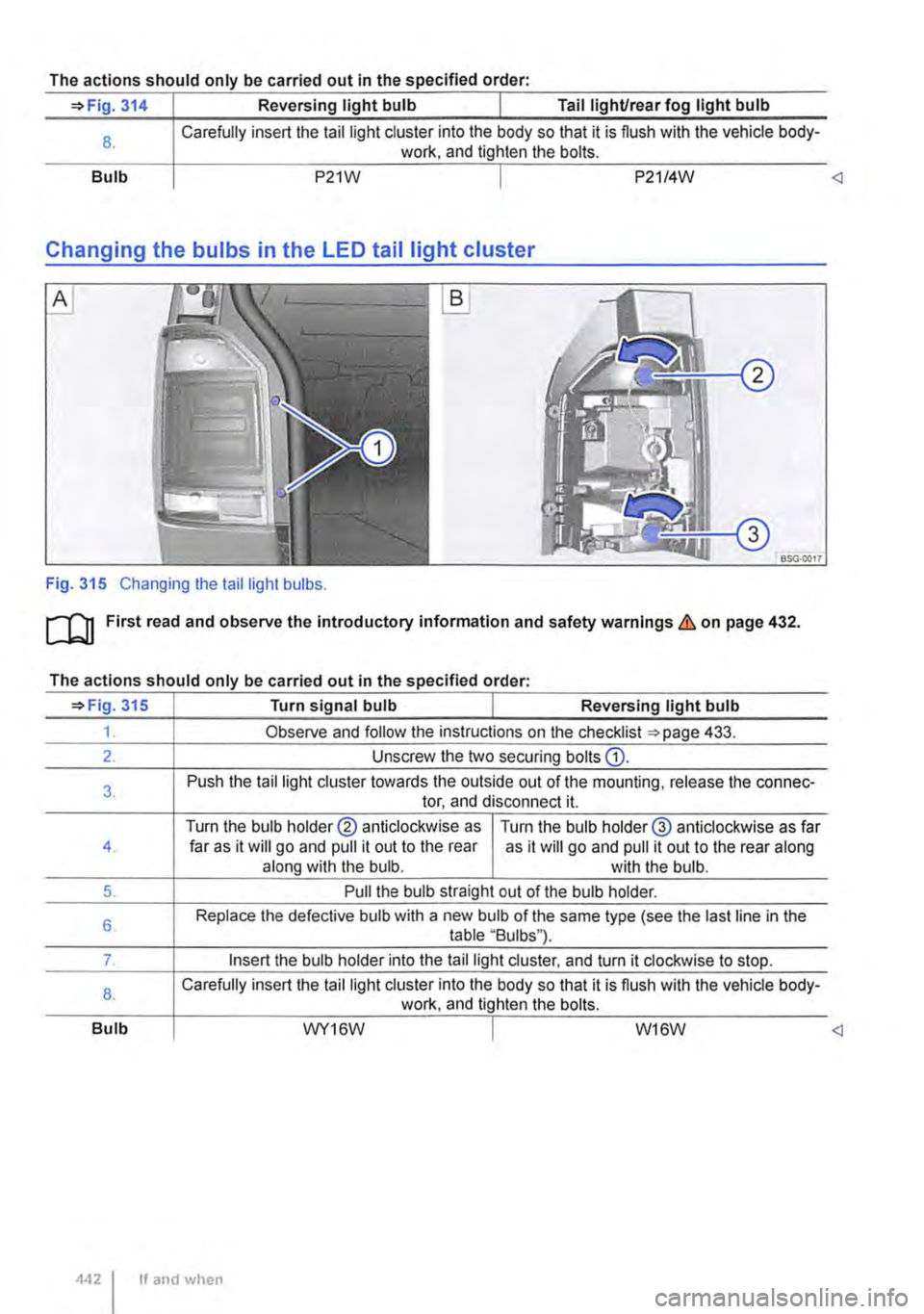 VOLKSWAGEN TRANSPORTER 2018  Owners Manual The actions should only be carried out in the specified order: 
=>Fig. 314 Reversing light bulb Tail lighUrear fog light bulb 
8. 
Bulb 
Carefully insert the tail light cluster into the body so that i