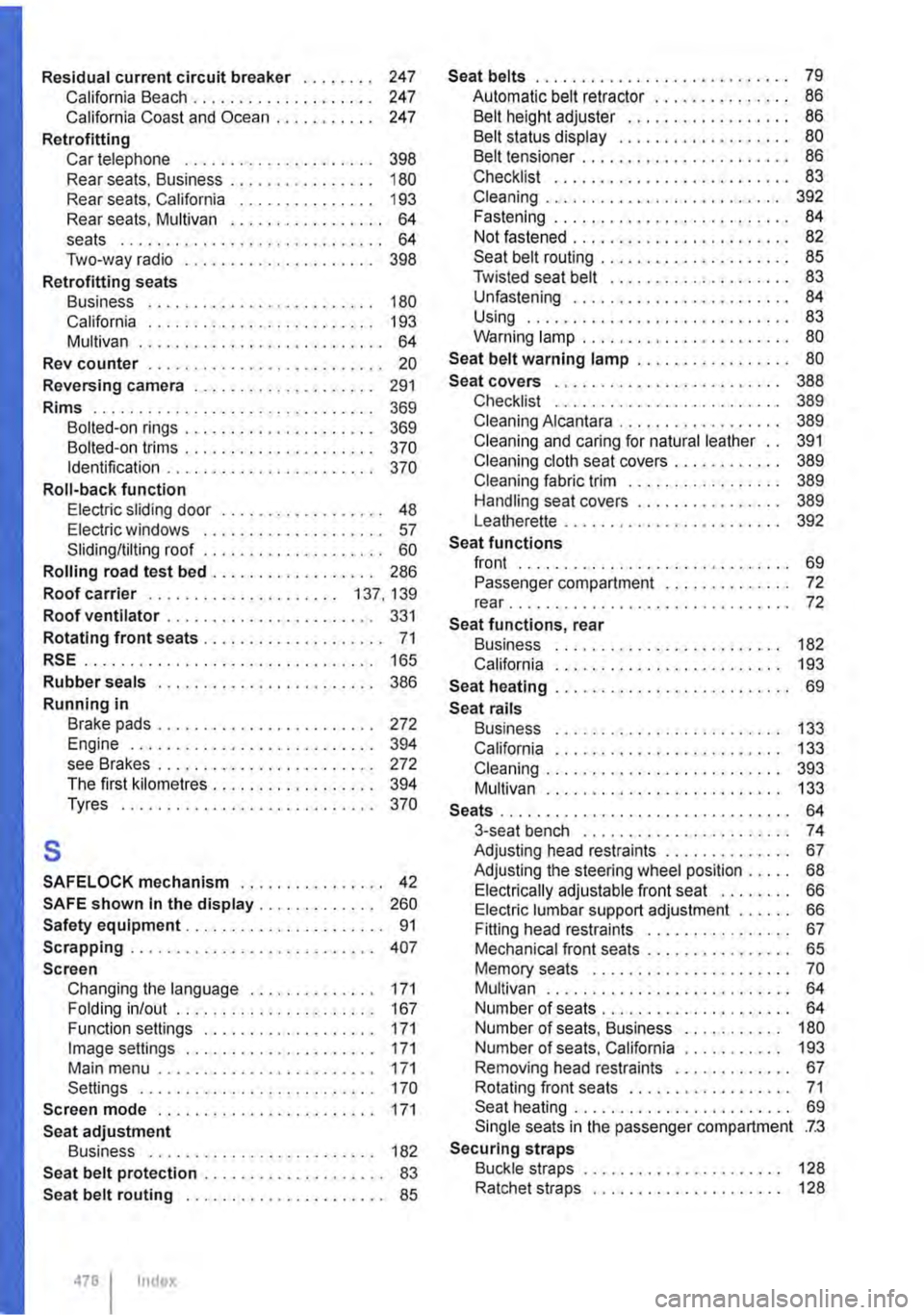 VOLKSWAGEN TRANSPORTER 2018  Owners Manual Residual current circuit breaker . . . . . . . . 247 California Beach . . . . . . . . . . . . . . . . . . . . 247 California Coast and Ocean . . . . . . • . . . . 247 
Retrofitting Car telephone . .