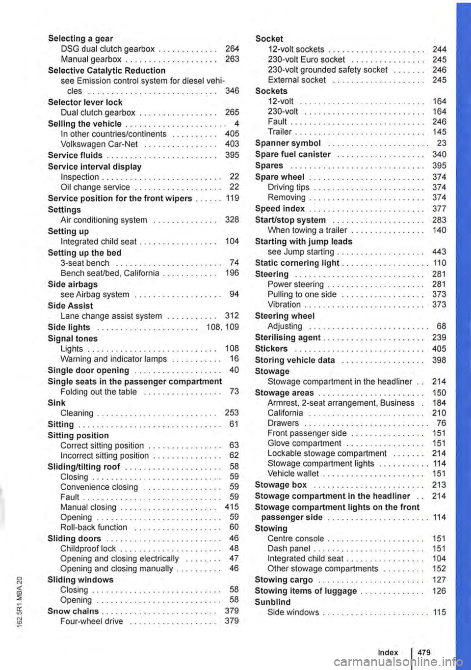 VOLKSWAGEN TRANSPORTER 2018  Owners Manual Selecting a gear DSG dual clutch gearbox . . . . . . . . . . . . . 264 Manual gearbox . . . . . . . . . . . . . . . . . . . . 263 
Selective Catalytic Reduction see Emission control system for diesel 