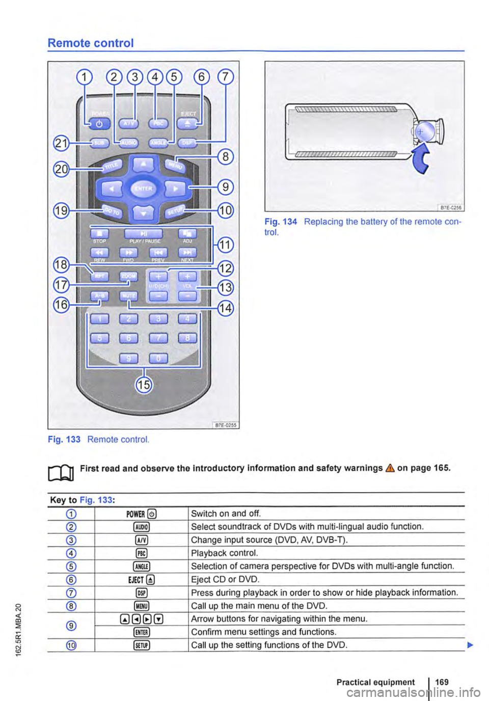 VOLKSWAGEN TRANSPORTER 2016  Owners Manual Remote control 
Fig. 133 Remote control. 
[::::::::::::::::::::::vm 
81£.(256 
Fig. 134 Replacing the battery of the remote con-trol. 
[QJ First read and observe the Introductory Information and safe