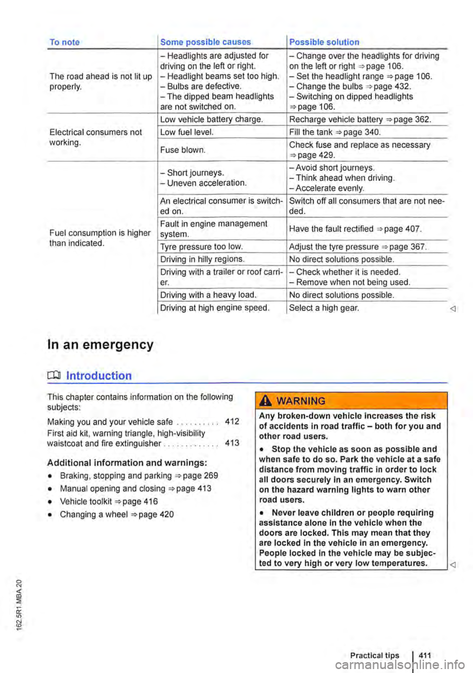 VOLKSWAGEN TRANSPORTER 2016 Owners Manual To note Some possible causes Possible solution
-Headlights are adjusted for -Change over the headlights for driving driving on the left or right. on the left or right 106. The road ahead is not lit u VOLKSWAGEN TRANSPORTER 2016 Owners Manual To note Some possible causes Possible solution
-Headlights are adjusted for -Change over the headlights for driving driving on the left or right. on the left or right 106. The road ahead is not lit u