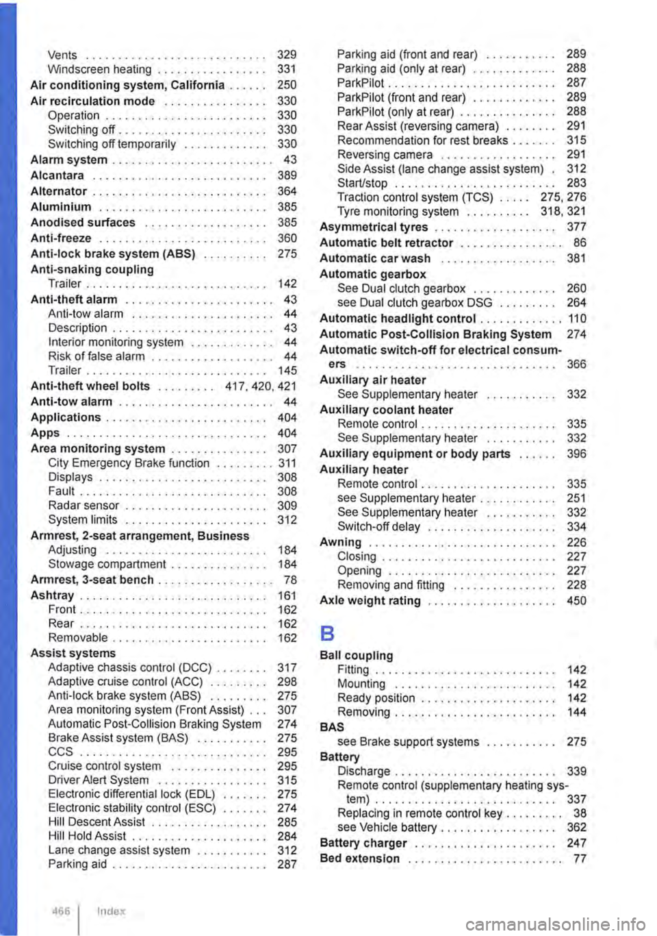 VOLKSWAGEN TRANSPORTER 2016  Owners Manual Vents ............................ 329 Windscreen heating . . . . . . . . . . . . . . . . . 331 
Air conditioning system, California . . . . . . 250 
Air reclrculation mode . . . . . . . . . . . . . .