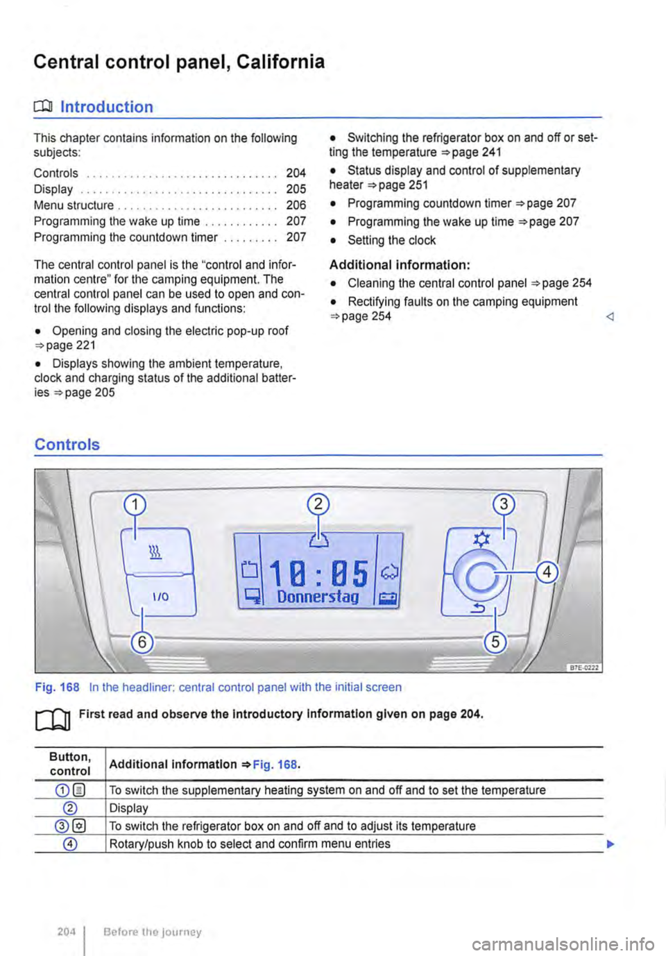 VOLKSWAGEN TRANSPORTER 2013  Owners Manual Central control panel, California 
COl Introduction 
This chapter contains information on the following subjects: 
Controls . . . . . . . . . . . . . . . . . . . . . . . . . . . . . . . 204 
Display .