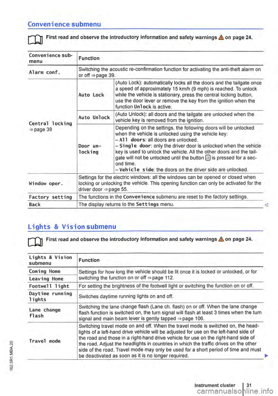 VOLKSWAGEN TRANSPORTER 2013  Owners Manual Convenience submenu 
m First read and observe the introductory information and safety warnings & on page 24. 
Convenience sub-menu Function 
Alarm conf. Switching the acoustic re-confirmation function