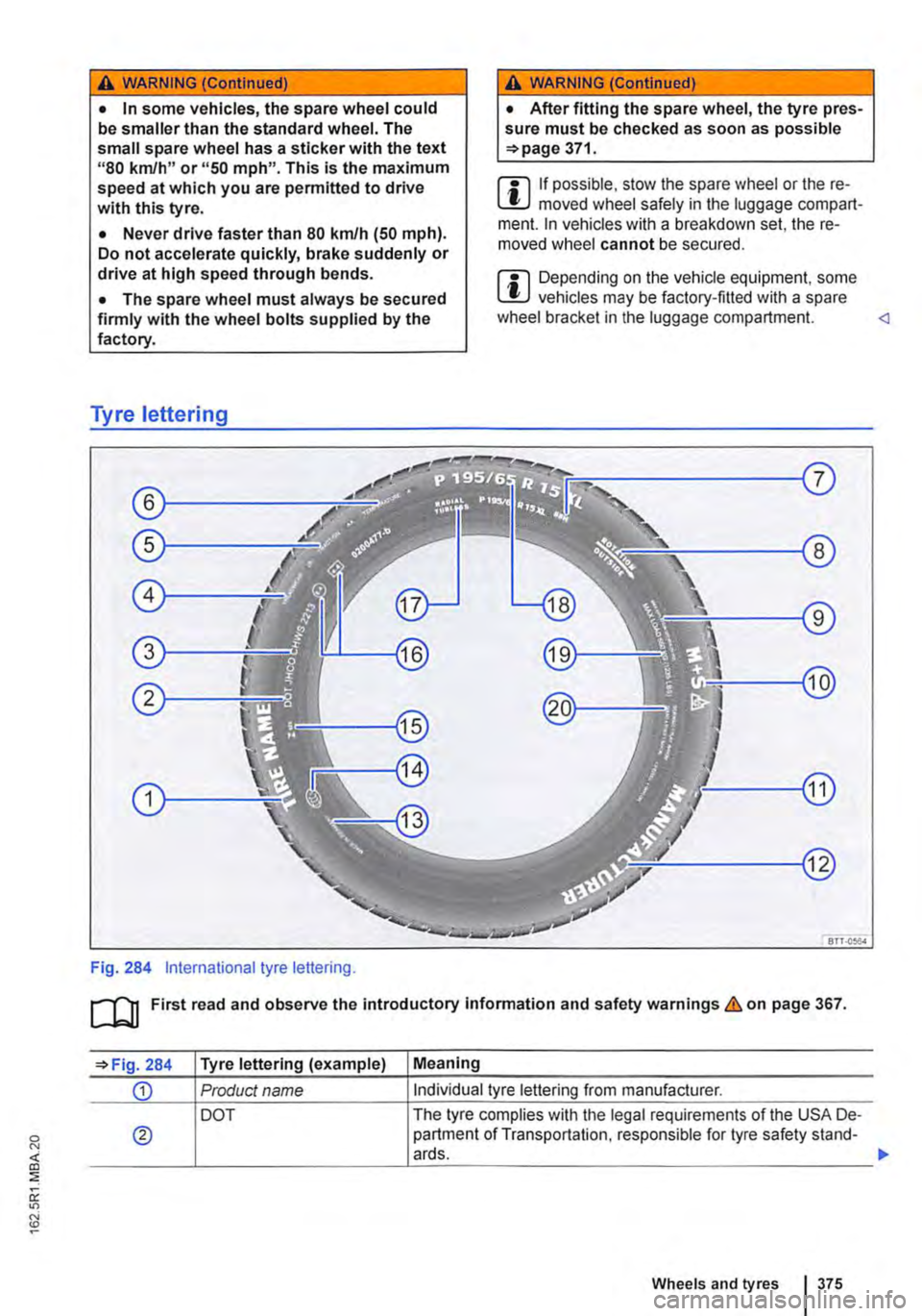 VOLKSWAGEN TRANSPORTER 2013  Owners Manual A WARNING (Continued) 
• In some vehicles, the spare wheel could be smaller than the standard wheel. The small spare wheel has a sticker with the text "80 km/h" or "50 mph". This is the maximum spee